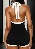 Contrast Color V-Neck Halter Neck Tie Backless Button-Decorated Jumpsuit