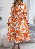 Casual Floral Print Long Sleeve Ruffle Shirt Maxi Dress