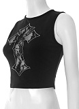 Cross Embroidery Hot Diamond Round Neck Sleeveless Navel Bare Vest