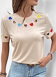 Casual Sweet Style Heart Embroidered Hollow Short-Sleeved T-Shirt