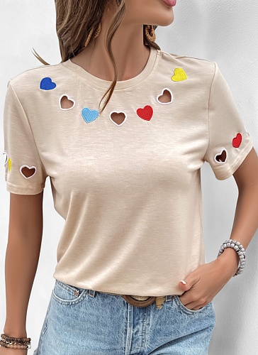 Casual Sweet Style Heart Embroidered Hollow Short-Sleeved T-Shirt