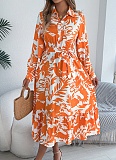 Casual Floral Print Long Sleeve Ruffle Shirt Maxi Dress