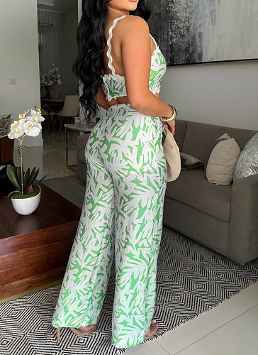 Fashion Printed Sexy Camisole Contrast Flared Pants Two-Piece Set