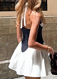 Contrast Color Halter Neck Hollow Tie Backless Waist Dress