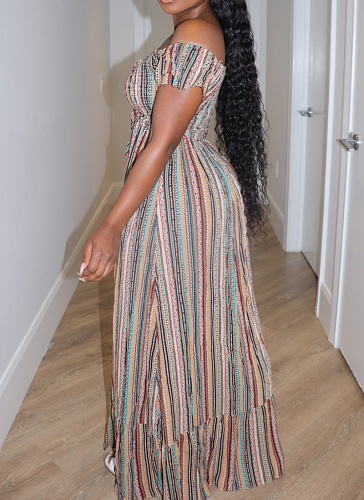New Striped Print One-Shoulder Sweet And Fashionable Lace-Up Dress