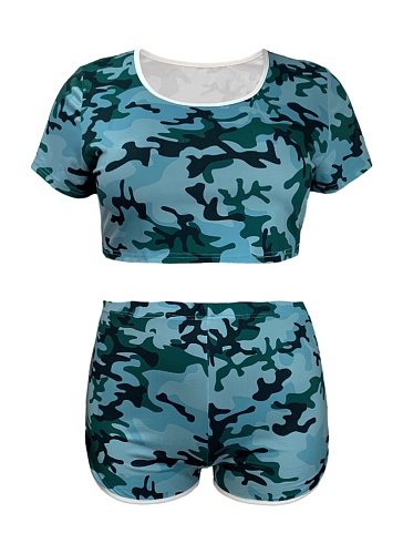 Camouflage Print Top Shorts Casual Sports Large Size Two-Piece Suit