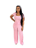 Fashion Solid Color Square Neck Short Seeve Top High Waist Wide Leg Casual Suit