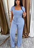 Fashion Solid Color Square Neck Short Seeve Top High Waist Wide Leg Casual Suit