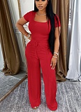 Fashion Solid Color Square Neck Short Seeve Top High Waist Wide Leg Casual Suit