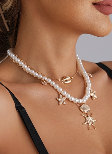 Summer Starfish Shell Pearl Baroque Necklace Beach Leisure Necklace