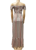 New Striped Print One-Shoulder Sweet And Fashionable Lace-Up Dress