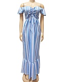 New Striped Print One-Shoulder Sweet And Fashionable Lace-Up Dress