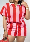 Summer Casual Striped Lapel Short-Sleeved Top High Waist Shorts Two-Piece Suit For Women