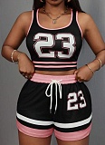 Fashion Contrast Color Sexy Sports Vest Lace-Up Shorts Two-Piece Suit For Women
