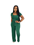 Fashion Solid Color Square Neck Short Seeve Top High Waist Wide Leg Casual Suit