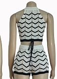 Summer New Striped Halter Neck Knitted Sleeveless Sweater Two-Piece Set