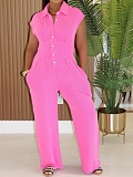 Summer New Temperament Lapel Short Sleeve Slim High Waist Wide Leg Jumpsuit