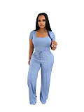 Fashion Solid Color Square Neck Short Seeve Top High Waist Wide Leg Casual Suit