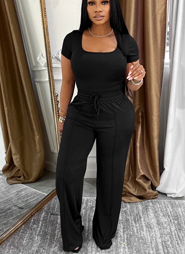 Fashion Solid Color Square Neck Short Seeve Top High Waist Wide Leg Casual Suit