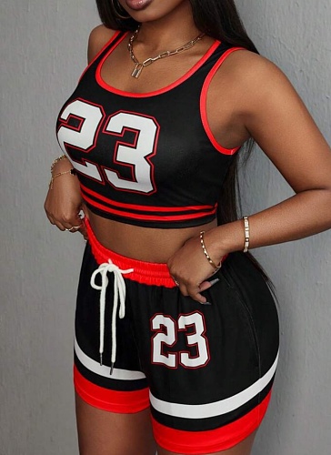 Fashion Contrast Color Sexy Sports Vest Lace-Up Shorts Two-Piece Suit For Women