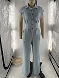 Summer New Temperament Lapel Short Sleeve Slim High Waist Wide Leg Jumpsuit