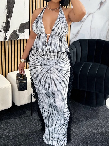 Fashionable Sexy Tie-Dye Print Halter Neck Backless Vest Tassel Long Skirt Two-Piece Suit
