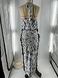 Fashionable Sexy Tie-Dye Print Halter Neck Backless Vest Tassel Long Skirt Two-Piece Suit