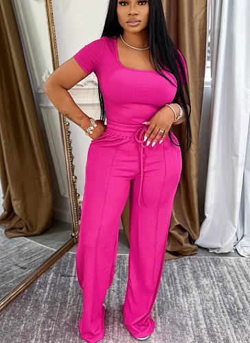 Fashion Solid Color Square Neck Short Seeve Top High Waist Wide Leg Casual Suit