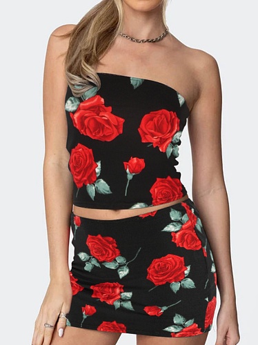 Summer New Tube Top Printed Top Short Skirt Hot Girl Two Piece Set