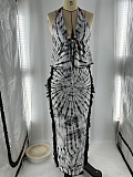 Fashionable Sexy Tie-Dye Print Halter Neck Backless Vest Tassel Long Skirt Two-Piece Suit