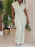 Summer New Temperament Lapel Short Sleeve Slim High Waist Wide Leg Jumpsuit