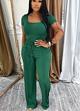 Fashion Solid Color Square Neck Short Seeve Top High Waist Wide Leg Casual Suit