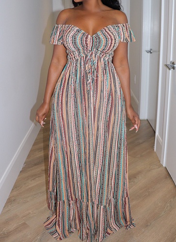 New Striped Print One-Shoulder Sweet And Fashionable Lace-Up Dress