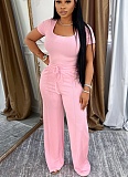 Fashion Solid Color Square Neck Short Seeve Top High Waist Wide Leg Casual Suit
