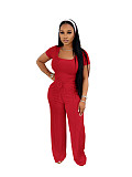 Fashion Solid Color Square Neck Short Seeve Top High Waist Wide Leg Casual Suit