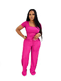 Fashion Solid Color Square Neck Short Seeve Top High Waist Wide Leg Casual Suit