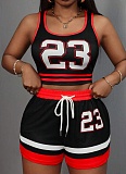 Fashion Contrast Color Sexy Sports Vest Lace-Up Shorts Two-Piece Suit For Women