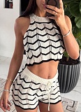 Summer New Striped Halter Neck Knitted Sleeveless Sweater Two-Piece Set