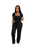 Fashion Solid Color Square Neck Short Seeve Top High Waist Wide Leg Casual Suit