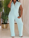 Summer New Temperament Lapel Short Sleeve Slim High Waist Wide Leg Jumpsuit