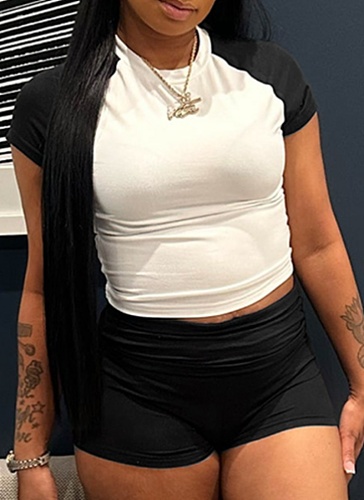 Contrast Color Short-Sleeved T-Shirt High Waist Shorts Casual Sports Two-Piece Suit (Including Hairband)