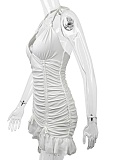 Women's White Deep V Neck Backless Sexy Pleated Dress