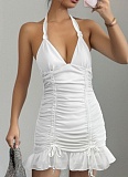 Women's White Deep V Neck Backless Sexy Pleated Dress