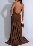 Summer New Halter Neck V-Neck Sexy Slit Pleated Backless Dress For Women