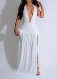 Summer New Halter Neck V-Neck Sexy Slit Pleated Backless Dress For Women