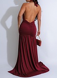 Summer New Halter Neck V-Neck Sexy Slit Pleated Backless Dress For Women