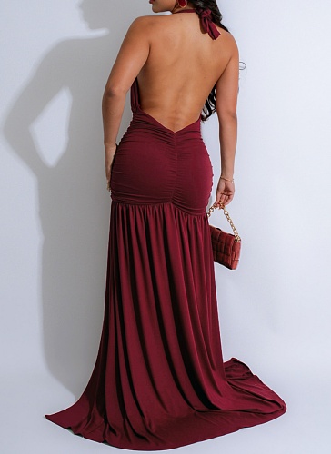 Summer New Halter Neck V-Neck Sexy Slit Pleated Backless Dress For Women