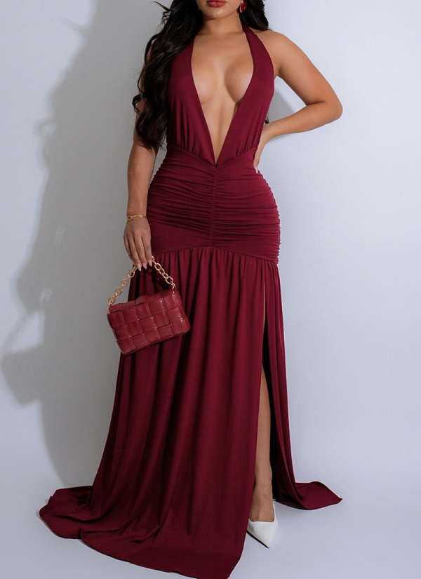 Summer New Halter Neck V-Neck Sexy Slit Pleated Backless Dress For Women