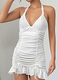 Women's White Deep V Neck Backless Sexy Pleated Dress