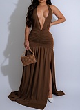 Summer New Halter Neck V-Neck Sexy Slit Pleated Backless Dress For Women